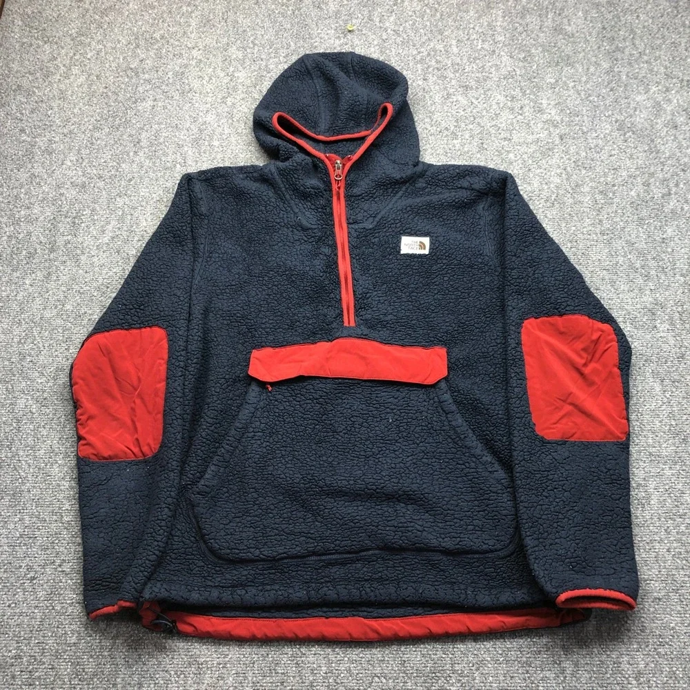 The North Face Mens Campshire Sherpa Fleece Anorak Hoodie Navy Blue Red Large
